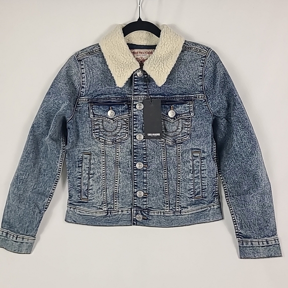 NEW $179 True Religion Men’s Sherpa Collar Denim Trucker Jacket Sz S
